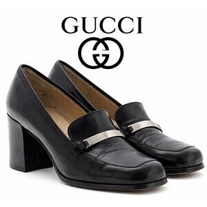 Gucci Italy Black Leather Loafer Heels Size 5 Silver Logo Block Heel Pumps